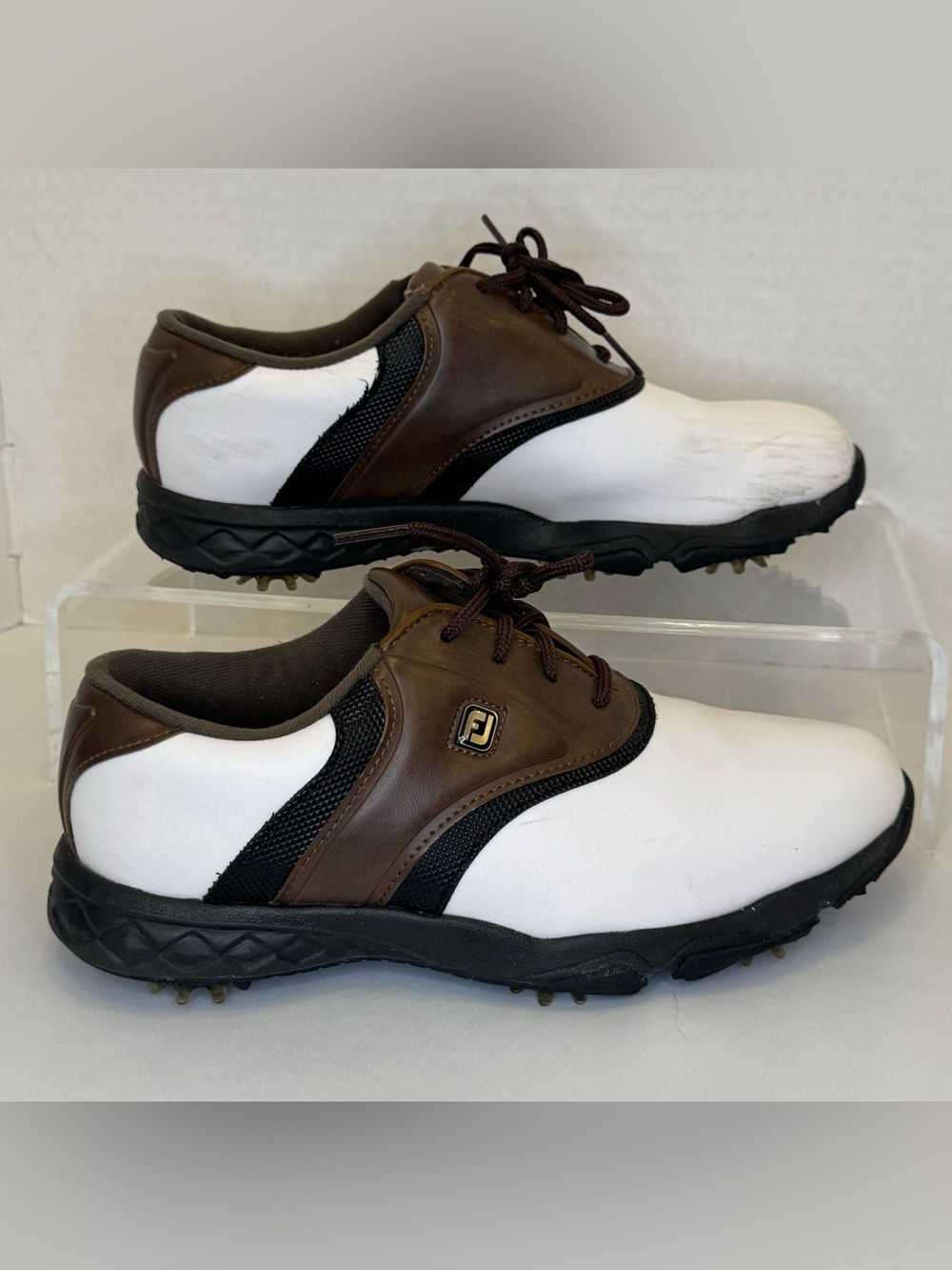 FootJoy Originals Golf Shoes in Classic White, Brown Saddle colorway with black
